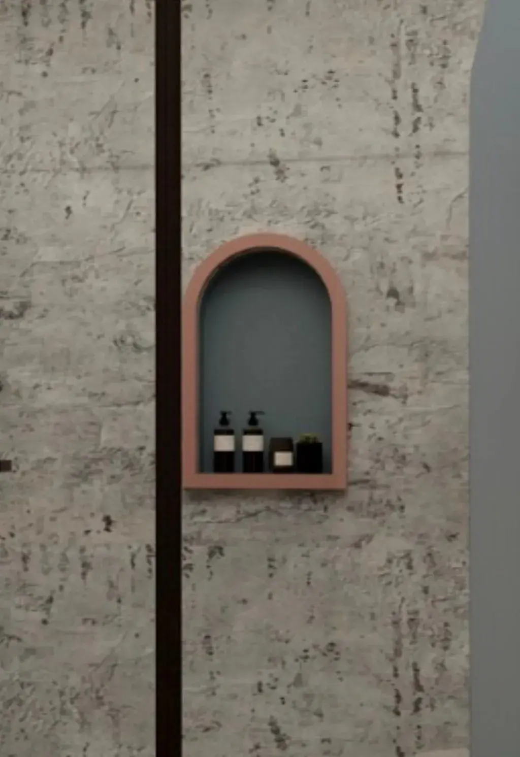 Canzeno Arc Niche, an arched shower niche set into a stone-look shower wall