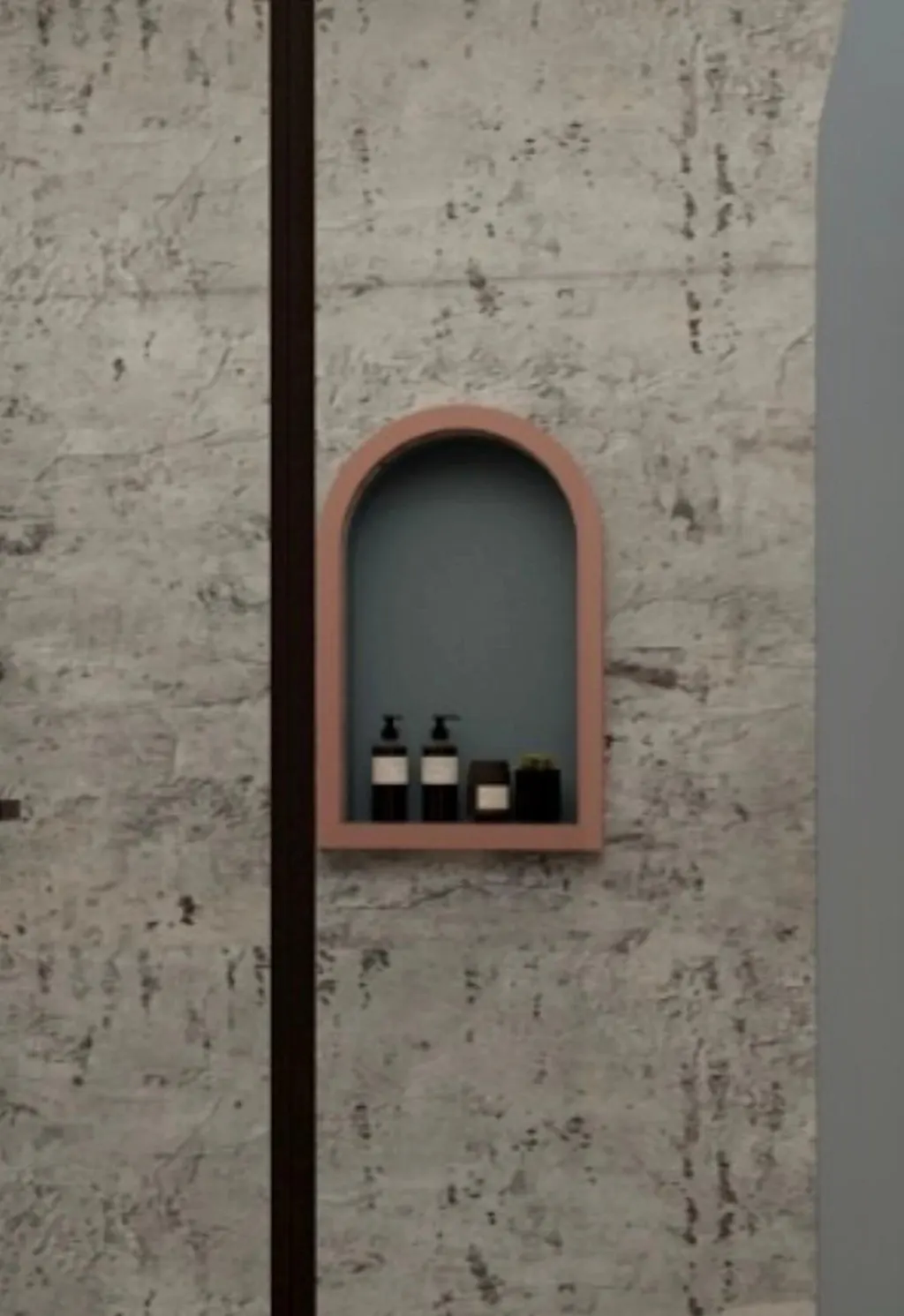 Canzeno Arc Niche, an arched shower niche set into a stone-look shower wall