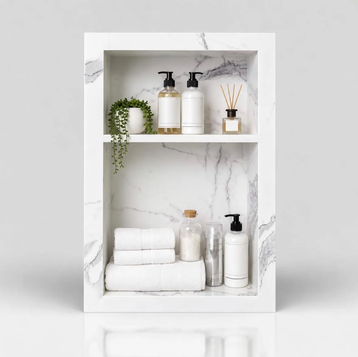Canzeno 15 x 24 inch shower niche in engineered stone, with a shelf